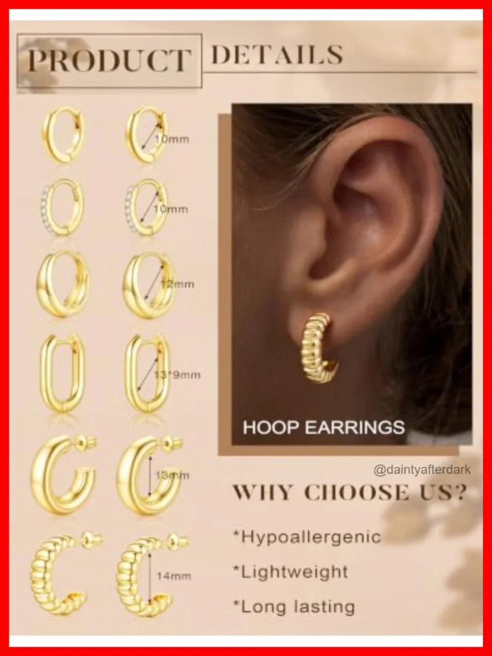 14K Gold Plated Hypoallergenic Chunky Hoop Earrings Set 6 Pairs Women
